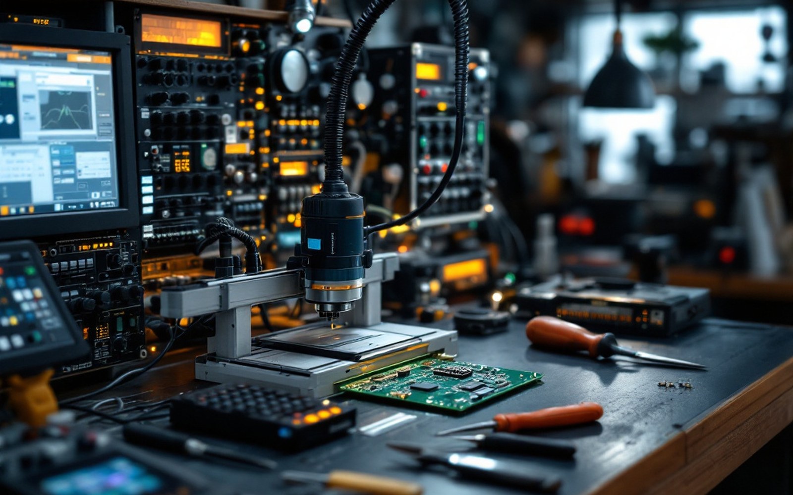 A workbench with a small router opened and its circuit board visible beside hand tools