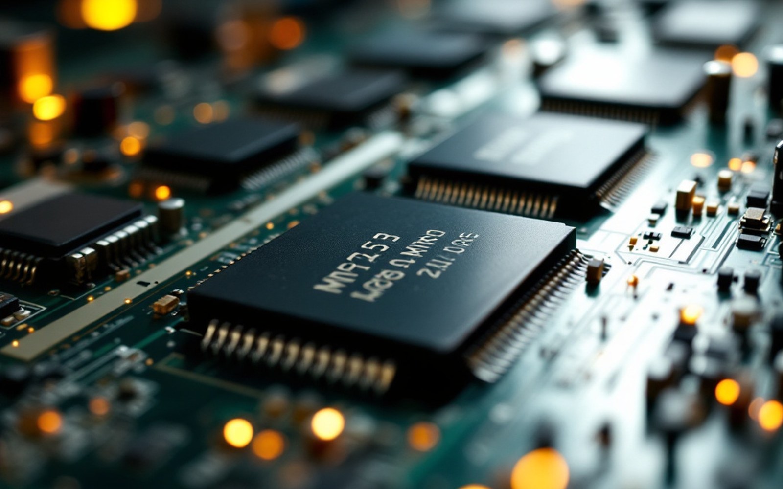 A circuit board with large memory chips photographed close under raking light