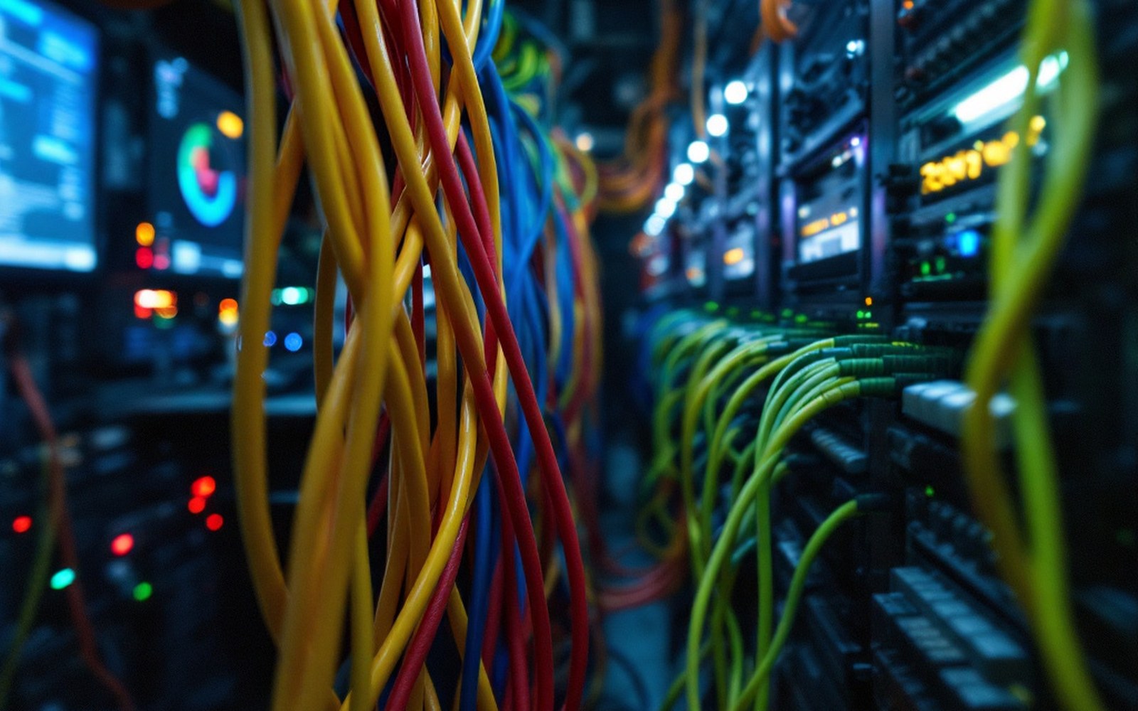 Several parallel cable runs of different colours entering a switch