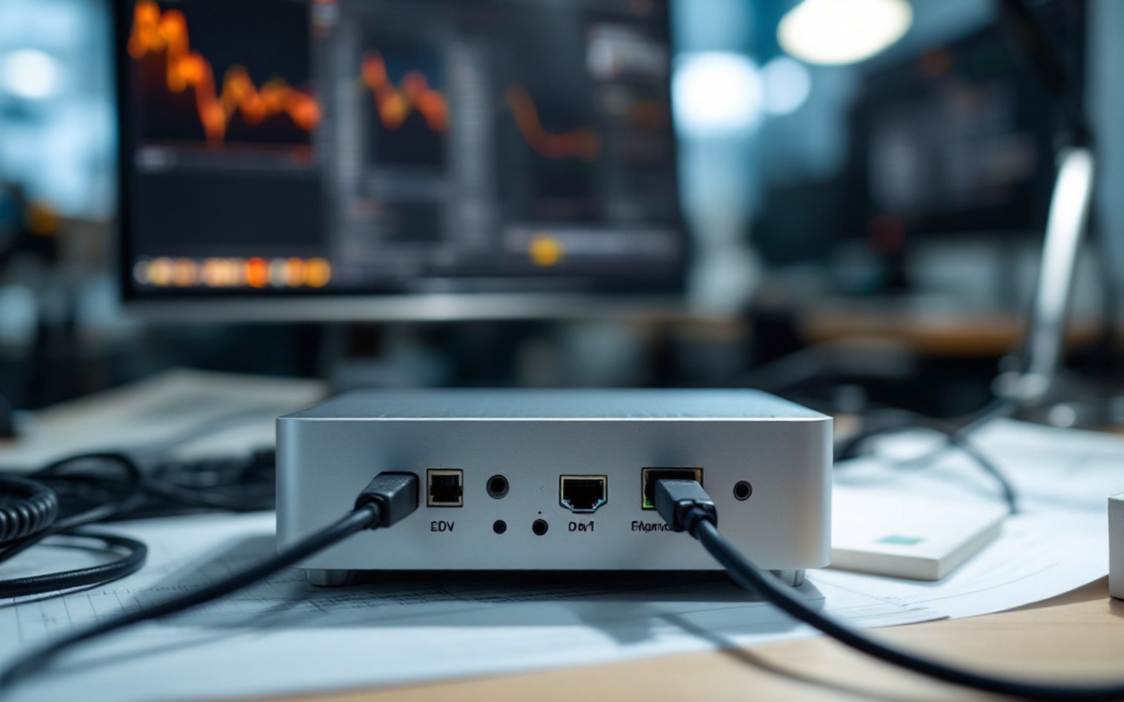 A small form-factor computer on a desk with two network cables attached