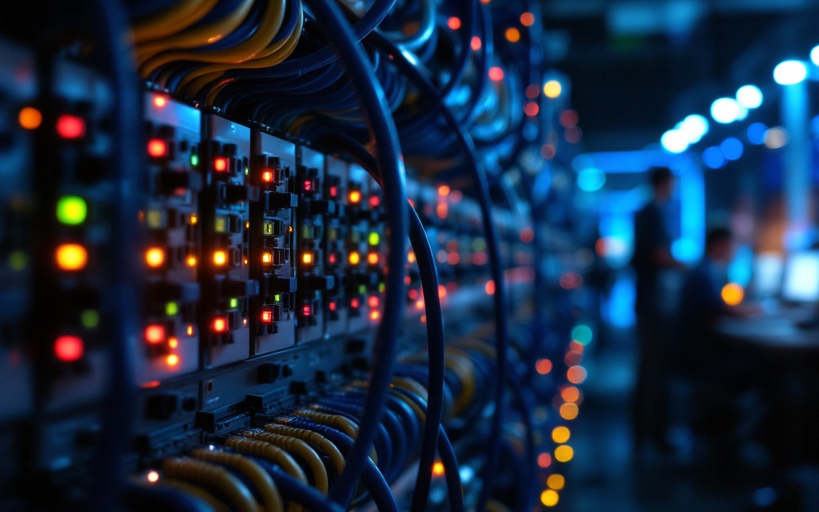 A patch panel with network cables running in ordered loops, cold machine-room light